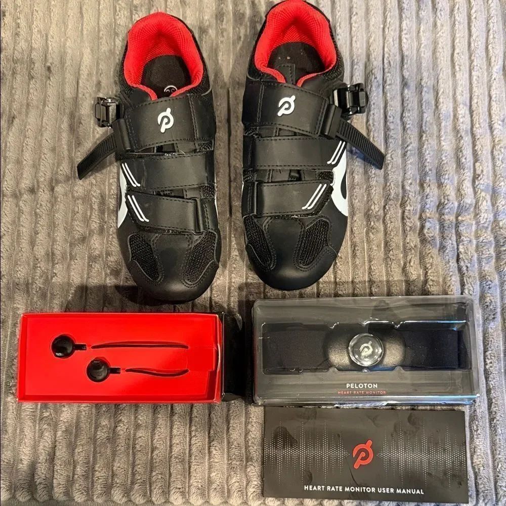 Peloton Black and Red Cycling Shoes with heart monitor and earbuds. Unisex
